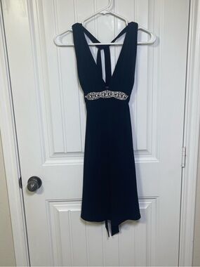 XOXO Black Sleeveless Rhinestone Empire Waist Small Y2K Cocktail Midi Dress